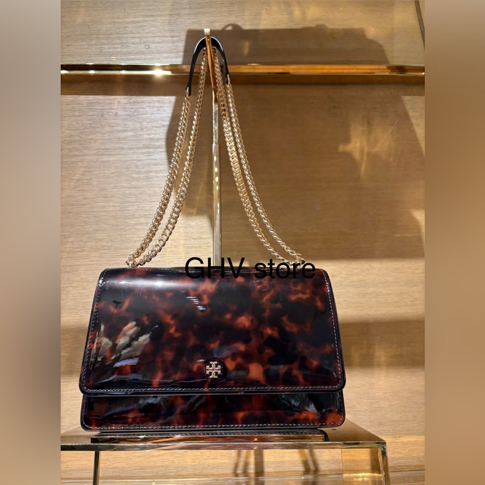Tory Burch Emerson Tortoise Shell patent adjustable shoulder Bag